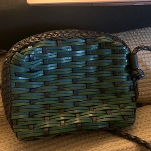 VINTAGE SAKS FIFTH AVENUE WOVEN LEATHER SHOULDER BAG BLUE GREEN/BRAIDED ACCENTS